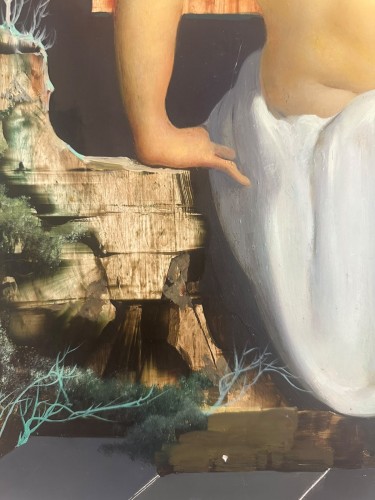 Marcel Delmotte (1901 – 1984) - Jeune femme à la sphère sur fond de paysage surréaliste. - NewAGG Raritet Antique Gallery