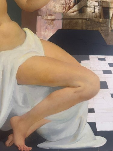 XXe siècle - Marcel Delmotte (1901 – 1984) - Jeune femme à la sphère sur fond de paysage surréaliste.