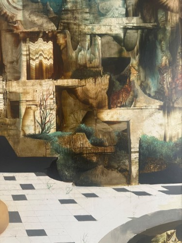 Antiquités - Marcel Delmotte (1901 – 1984) - Jeune femme à la sphère sur fond de paysage surréaliste.