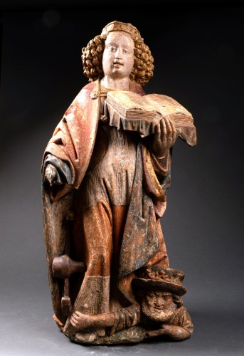 Sainte Catherine en pierre sculptée, Normandie XVe siècle - Sculpture Style Moyen Âge