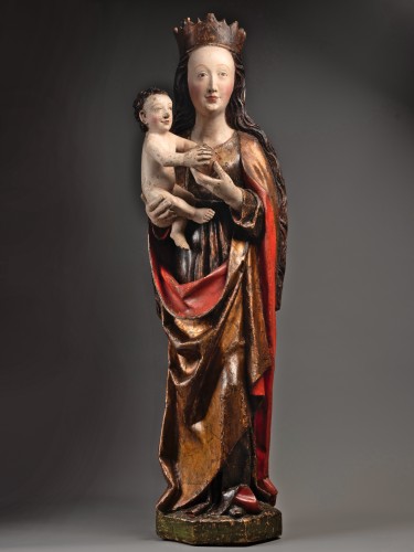 Vierge à l’Enfant en tilleul polychrome - Franconie, Allemagne XVe siècle - Sculpture Style Moyen Âge