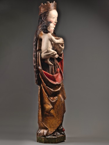 Antiquités - A 15th c. German polychrome limewood Virgin with child