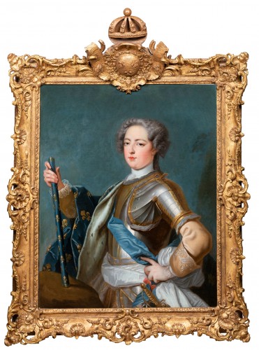 Portrait de Louis XV avec son cadre aux armes de France - Atelier de J.B. Van Loo