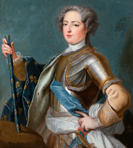 Portrait de Louis XV avec son cadre aux armes de France - Atelier de J.B. Van Loo - Tableaux et dessins Style Louis XV