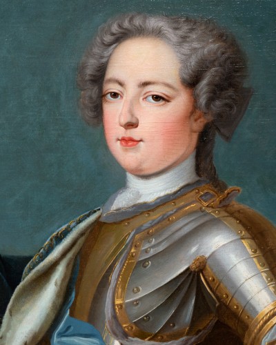 Tableaux et dessins Tableaux XVIIIe siècle - Portrait de Louis XV avec son cadre aux armes de France - Atelier de J.B. Van Loo