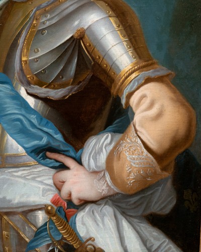 XVIIIe siècle - Portrait de Louis XV avec son cadre aux armes de France - Atelier de J.B. Van Loo