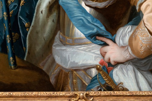 Antiquités - Portrait de Louis XV avec son cadre aux armes de France - Atelier de J.B. Van Loo