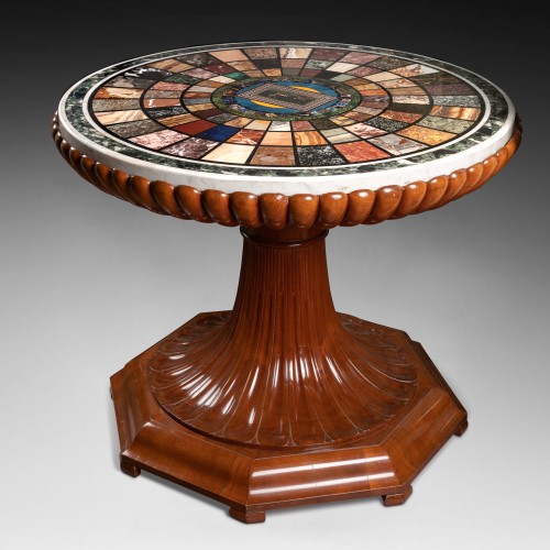 A Roman specimen marble, antique glass and micro mosaic mahogany gueridon - Furniture Style Restauration - Charles X