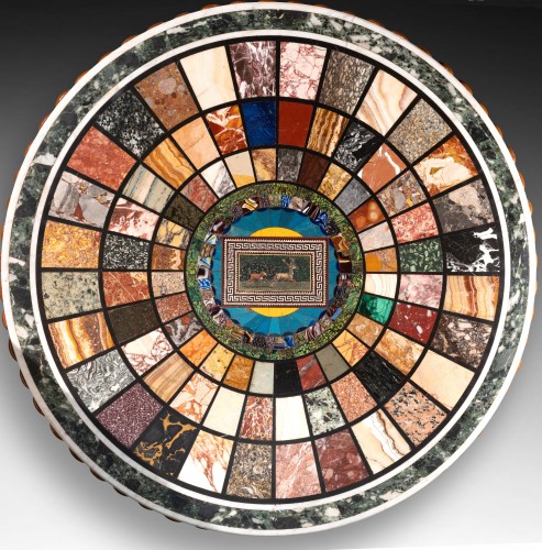 Guéridon avec plateau incrusté de marbres, verre antique et micro-mosaïque, Rome - Galerie Nicolas Lenté