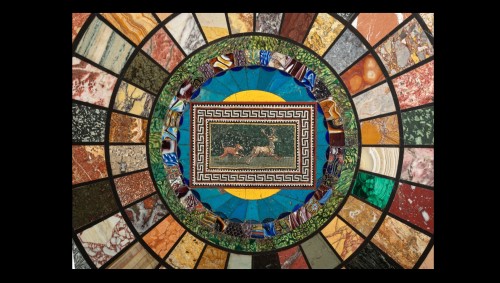 19th century - A Roman specimen marble, antique glass and micro mosaic mahogany gueridon