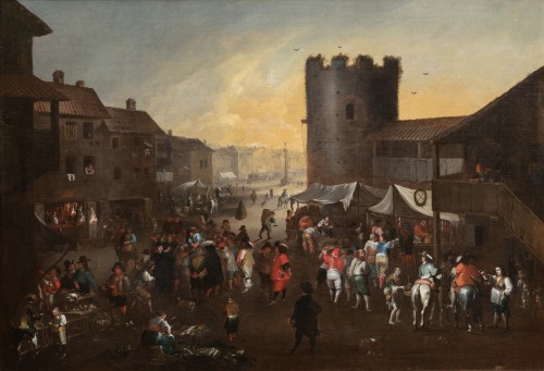Market square in Rome, 17th-century Roman school - Paintings & Drawings Style Louis XIV
