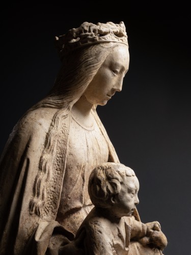 Antiquités - Early 16th c. limestone group of Virgin and Child, Troyes school, Champagne