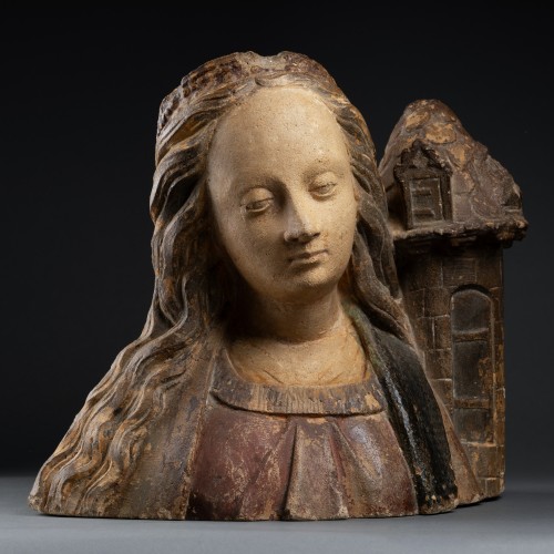 Sculpture Sculpture en pierre - Buste de Sainte Barbe, école de Troyes, Champagne début du XVIème siècle