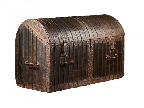 A large 15th c. French Gothic leather and iron bound travelling chest