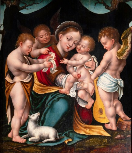 Virgin &amp; Child with St John &amp; angels - Circle of Joos Van Cleve