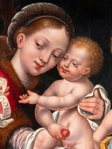 Vierge à l’Enfant avec Saint Jean et des anges - Entourage de Joos Van Cleve - Tableaux et dessins Style Renaissance