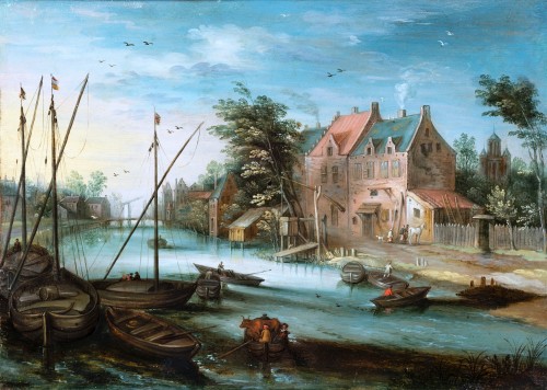 Paysage fluvial, atelier de Jan Breughel le Jeune (1601-1678) - Tableaux et dessins Style Louis XIV