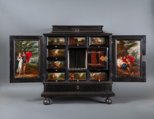 Cabinet en ébène orné de peintures sur bois, Anvers, XVIIe siècle - Galerie Nicolas Lenté