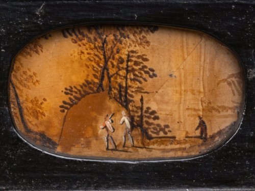 Antiquités - Cabinet en bois noirci orné de peintures sur Paésine, Augsbourg XVIIe siècle