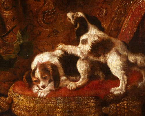 Tableaux et dessins Tableaux XVIIe siècle - Nature morte avec ara, écureuil et épagneuls - Attribué à Reynaud Levieux (1613-1690)