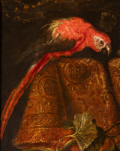 Nature morte avec ara, écureuil et épagneuls - Attribué à Reynaud Levieux (1613-1690) - Louis XIV