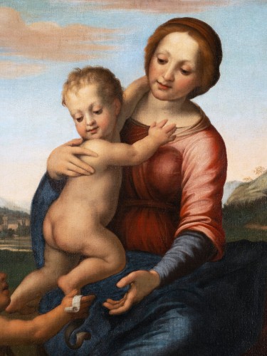 Tableaux et dessins Tableaux XVIIe siècle - Ecole Italienne du XVIIe siècle, la Vierge à l’Enfant avec Saint Jean Baptiste