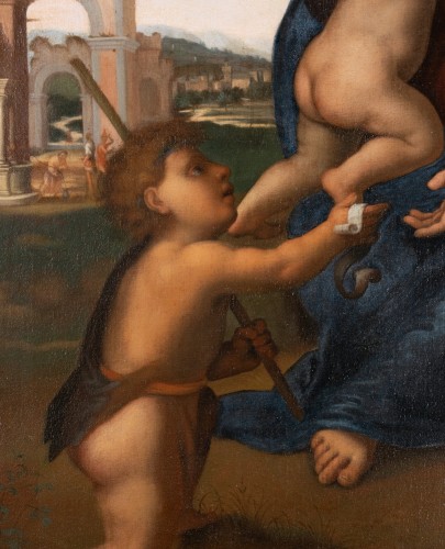 Ecole Italienne du XVIIe siècle, la Vierge à l’Enfant avec Saint Jean Baptiste - 