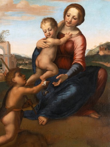 Antiquités - Ecole Italienne du XVIIe siècle, la Vierge à l’Enfant avec Saint Jean Baptiste