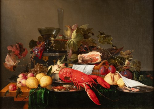 Nature morte avec jambon, homard et fruits - Atelier de Jan Dz. de Heem (1606-1684) - Tableaux et dessins Style Louis XIV