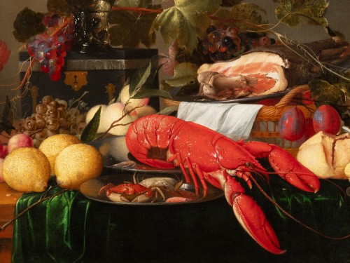 Tableaux et dessins Tableaux XVIIe siècle - Nature morte avec jambon, homard et fruits - Atelier de Jan Dz. de Heem (1606-1684)
