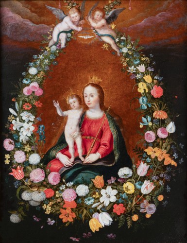 Vierge à l'Enfant dans une guirlande fleurie - Atelier de Frans Francken II - Tableaux et dessins Style Louis XIII