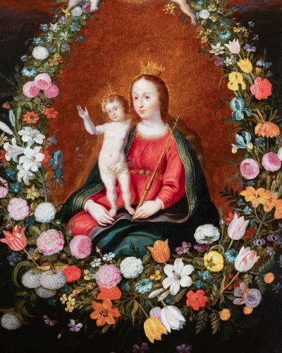 Tableaux et dessins Tableaux XVIIe siècle - Vierge à l'Enfant dans une guirlande fleurie - Atelier de Frans Francken II