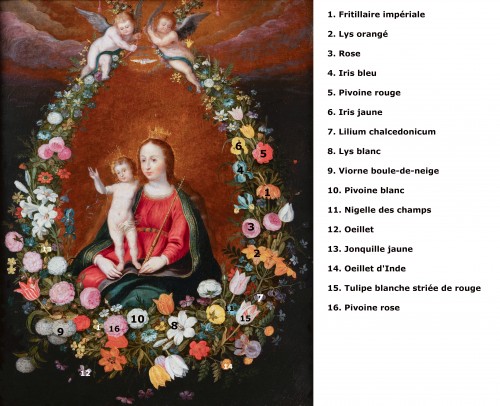 Antiquités - Vierge à l'Enfant dans une guirlande fleurie - Atelier de Frans Francken II