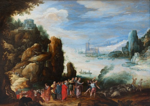 Paysage côtier avec le Christ, école Anversoise du XVIIe, cercle de Paul Bril - Tableaux et dessins Style 