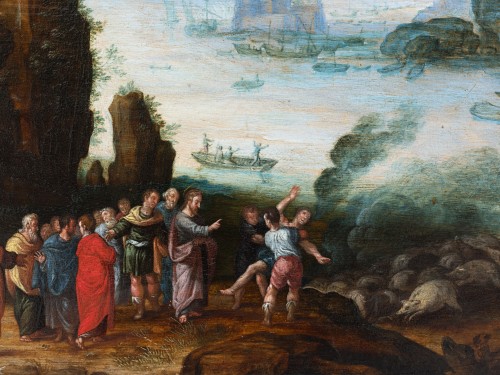 XVIIe siècle - Paysage côtier avec le Christ, école Anversoise du XVIIe, cercle de Paul Bril
