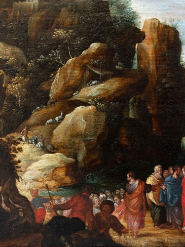 Antiquités - Paysage côtier avec le Christ, école Anversoise du XVIIe, cercle de Paul Bril