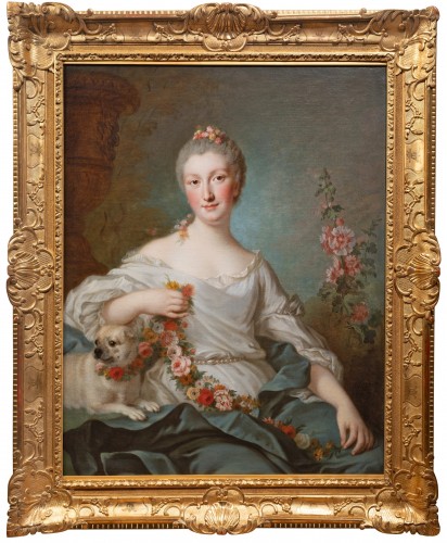 Portrait de jeune femme en Flore, signé Pierre Allais (Paris, 1700 - 1782)