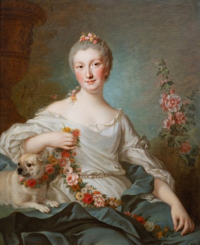 Portrait of a young Lady as Flora, signed Pierre Allais (Paris, 1700-1782) - Paintings & Drawings Style Louis XV