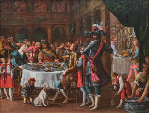 Festin d’Esther, école Italienne du début du XVIIe siècle attribué à Denys Calvaert - Tableaux et dessins Style Renaissance