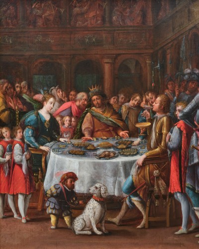 Tableaux et dessins Tableaux XVIIe siècle - Festin d’Esther, école Italienne du début du XVIIe siècle attribué à Denys Calvaert