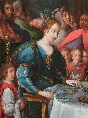 Antiquités - Festin d’Esther, école Italienne du début du XVIIe siècle attribué à Denys Calvaert