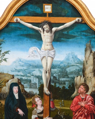 La crucifixion, atelier du Maître des demi-figures, école Anversoise du XVIe siècle - Tableaux et dessins Style Renaissance