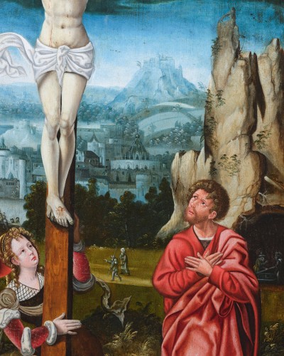 Antiquités - La crucifixion, atelier du Maître des demi-figures, école Anversoise du XVIe siècle