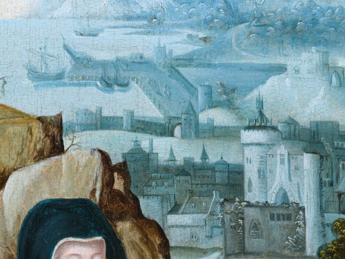 Antiquités - La crucifixion, atelier du Maître des demi-figures, école Anversoise du XVIe siècle