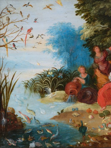 XVIIe siècle - Allégorie des Quatre Éléments, atelier de Jan Brueghel le Jeune, huile sur cuivre
