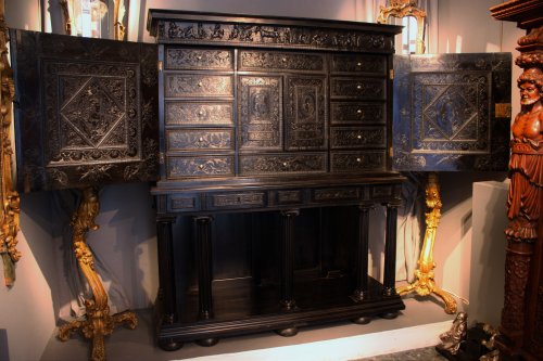 Furniture  - A 17th century carved ebony and ebonized wood cabinet, Paris