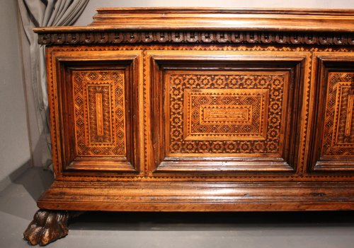  - A late 15th century inlaid walnut chest cassone, Florence