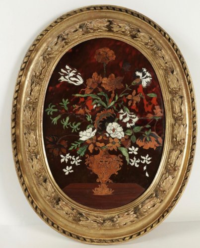 Antiquités - Panneau en marqueterie de fleurs sur fond d'écaille attribué à Pierre Gole XVIIe