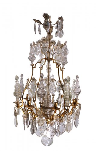 Grand lustre cage d'époque XVIIIe en bronze doré et cristaux