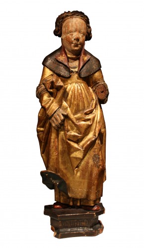 Sainte Ursule en bois sculpté doré, polychromé, Flandres fin du XVe début du XVIe